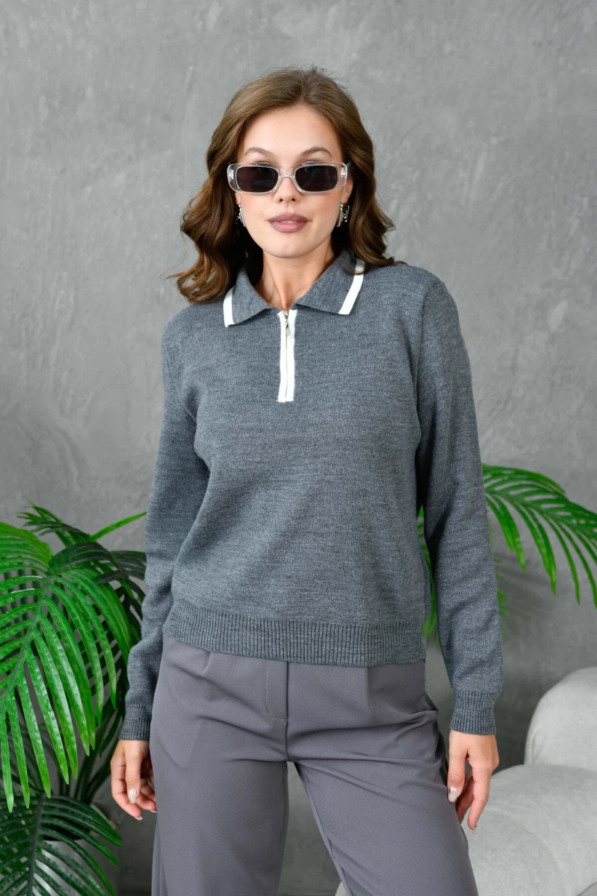 Kadın Polo Yaka Yarım Pat Fermuar Kapama Basic Triko Kazak