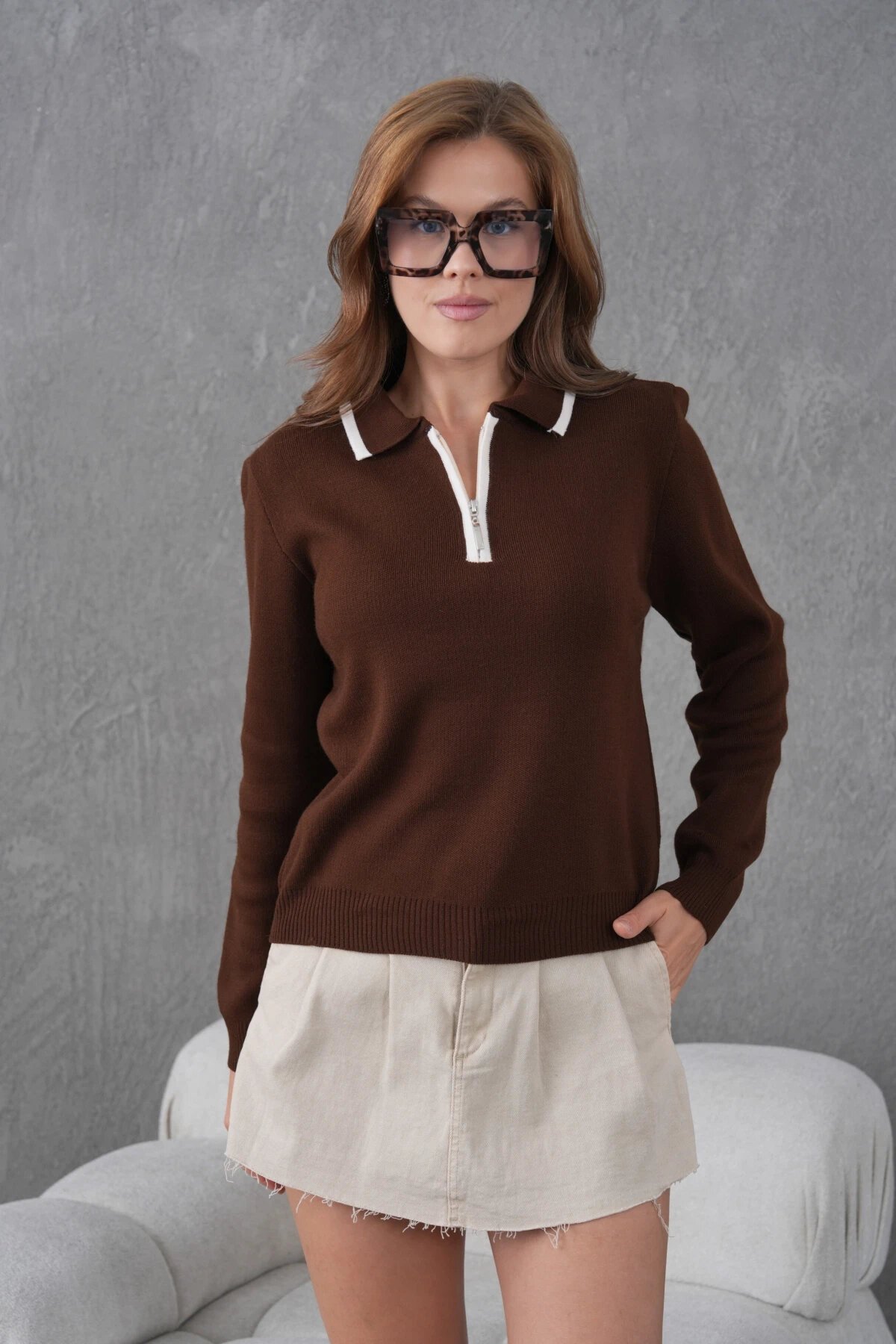 Kadın Polo Yaka Yarım Pat Fermuar Kapama Basic Triko Kazak