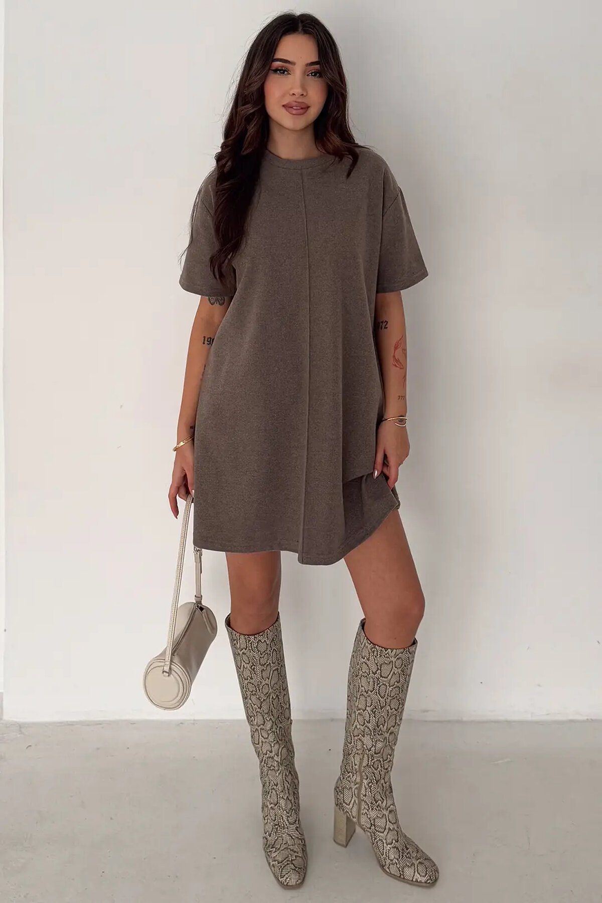 Kadın Rahat Kesim Soft Kısa Elbise Kahve