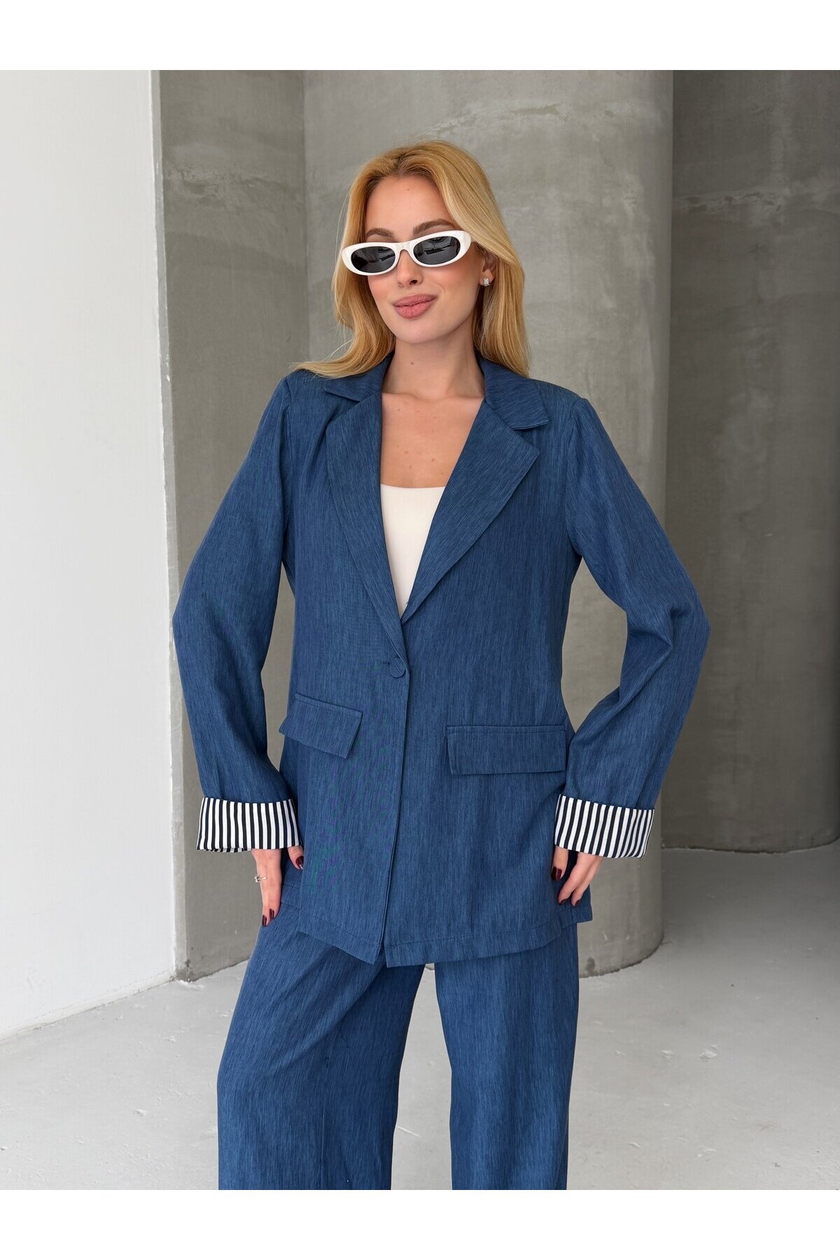 Kadın Tensel Kumaş Blazer Ceket Pantolon Takım – Mavi