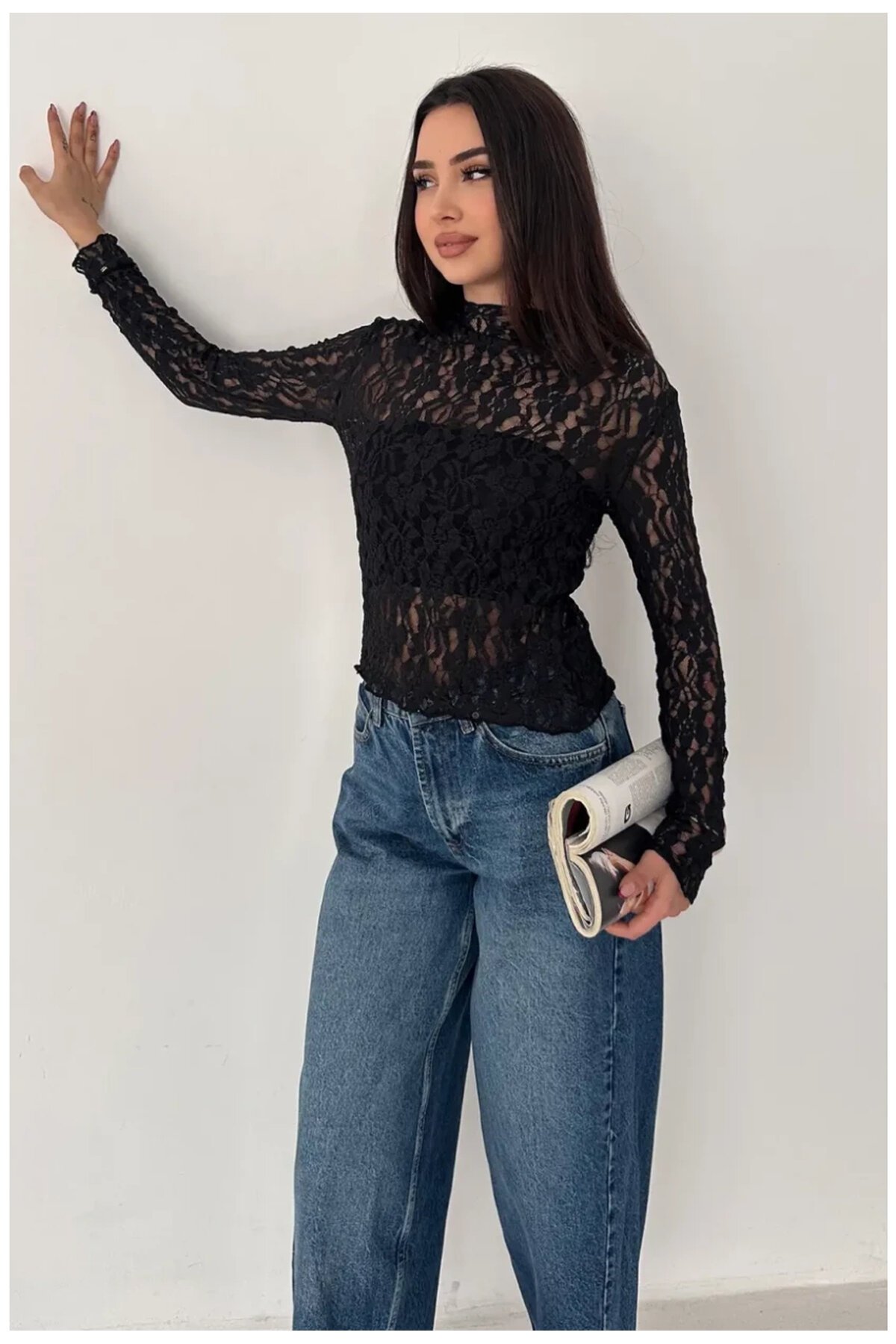 Kadın Transparan Çiçek Desenli Dantel Bluz