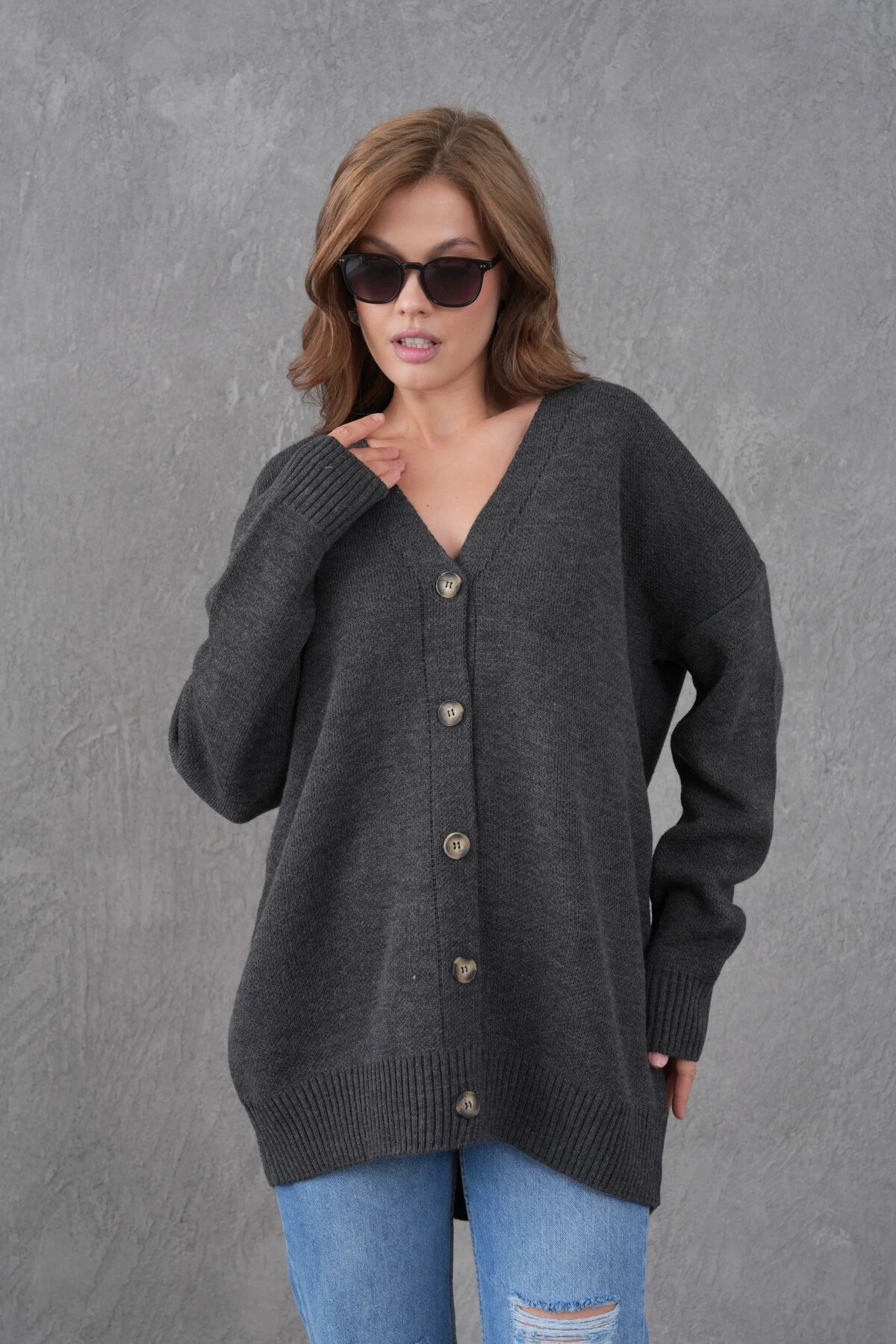 Kadın V Yaka Düğme Kapama Oversize Uzun Triko Hırka