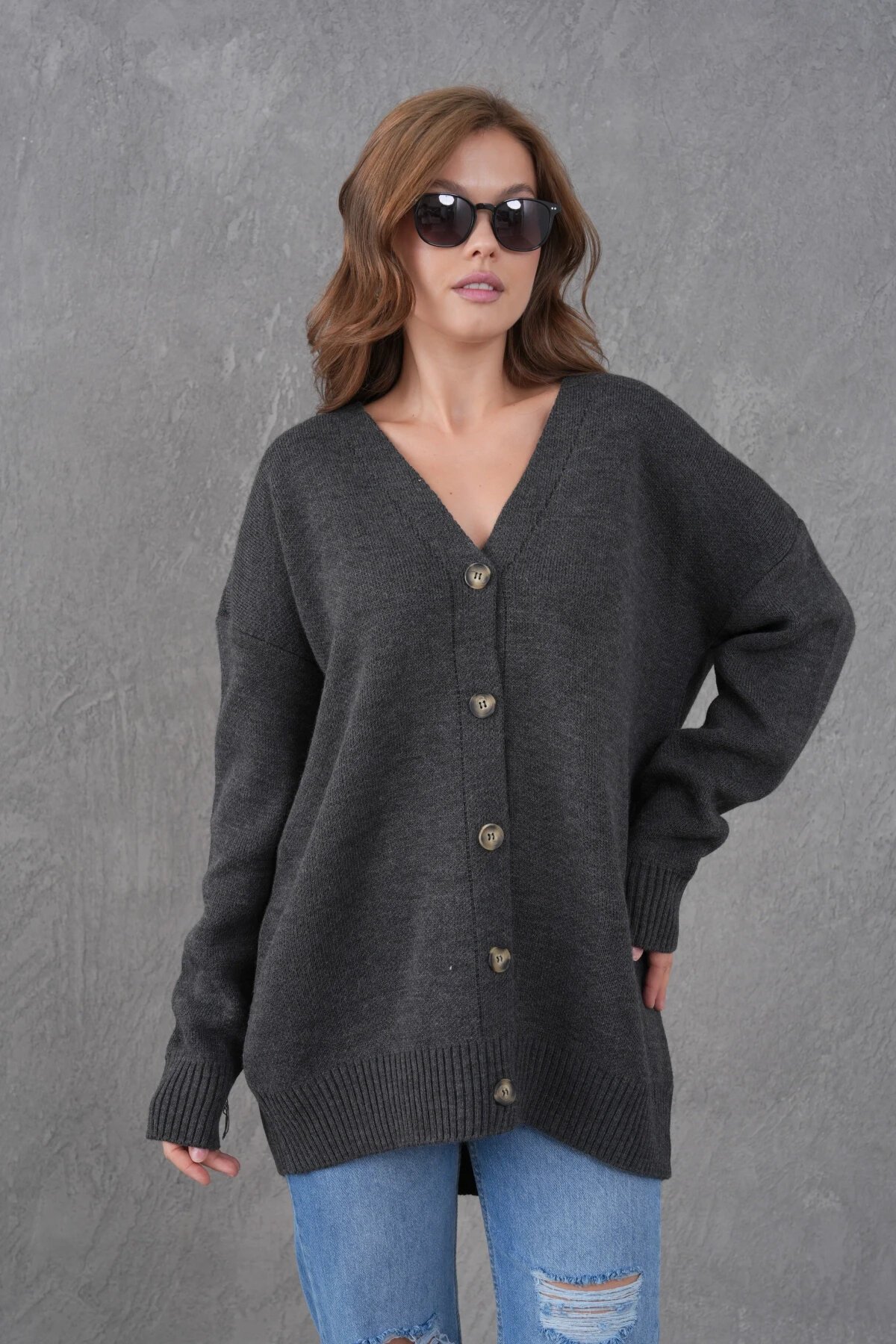 Kadın V Yaka Düğme Kapama Oversize Uzun Triko Hırka