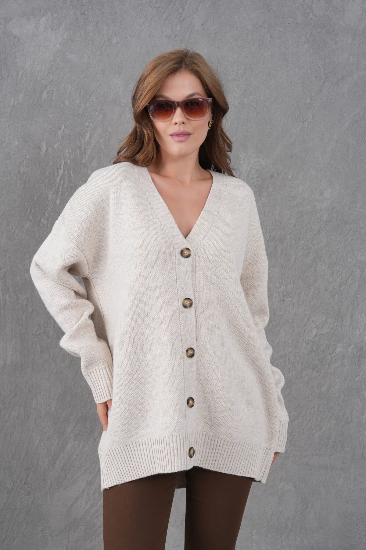 Kadın V Yaka Düğme Kapama Oversize Uzun Triko Hırka