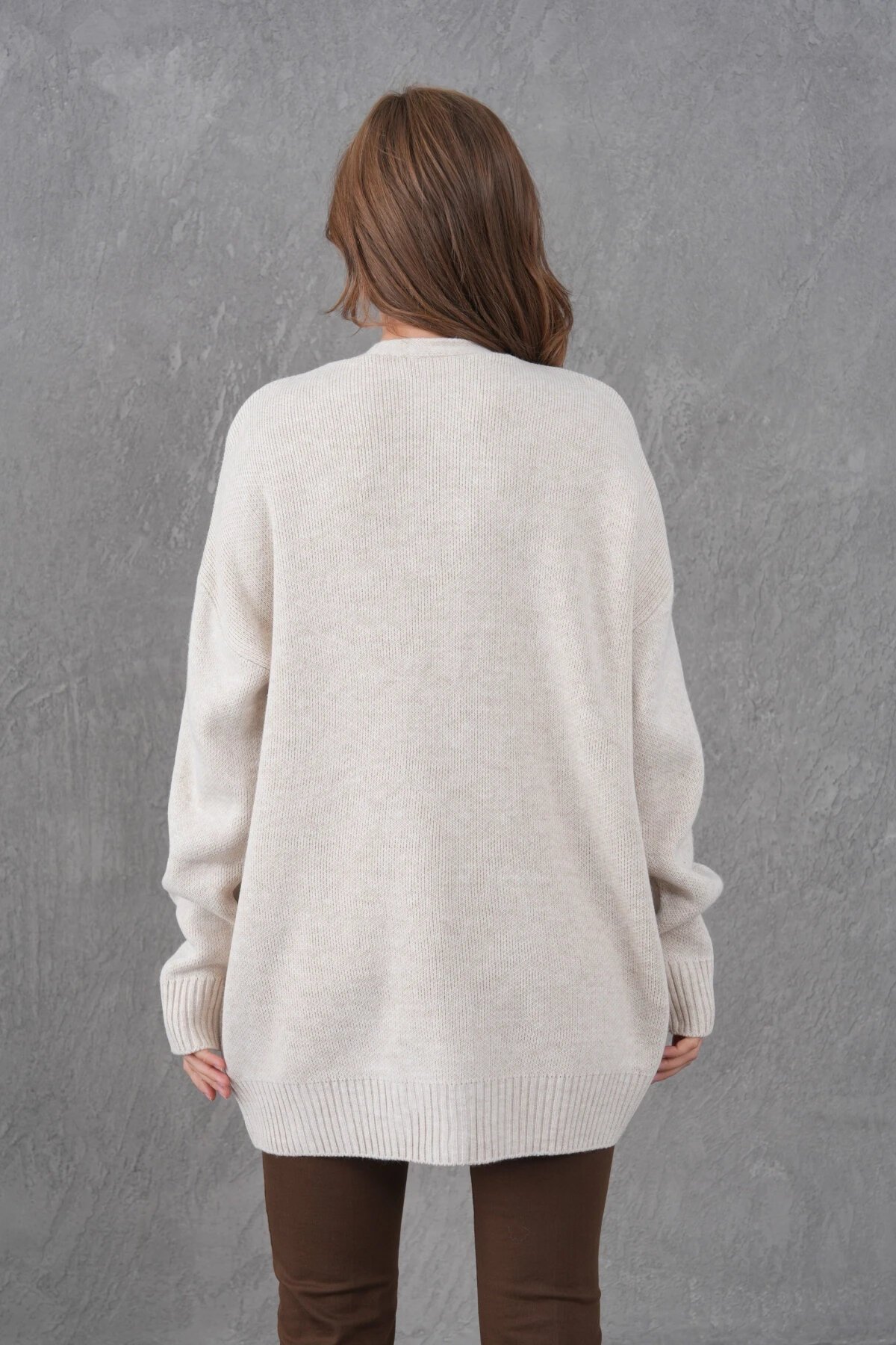 Kadın V Yaka Düğme Kapama Oversize Uzun Triko Hırka