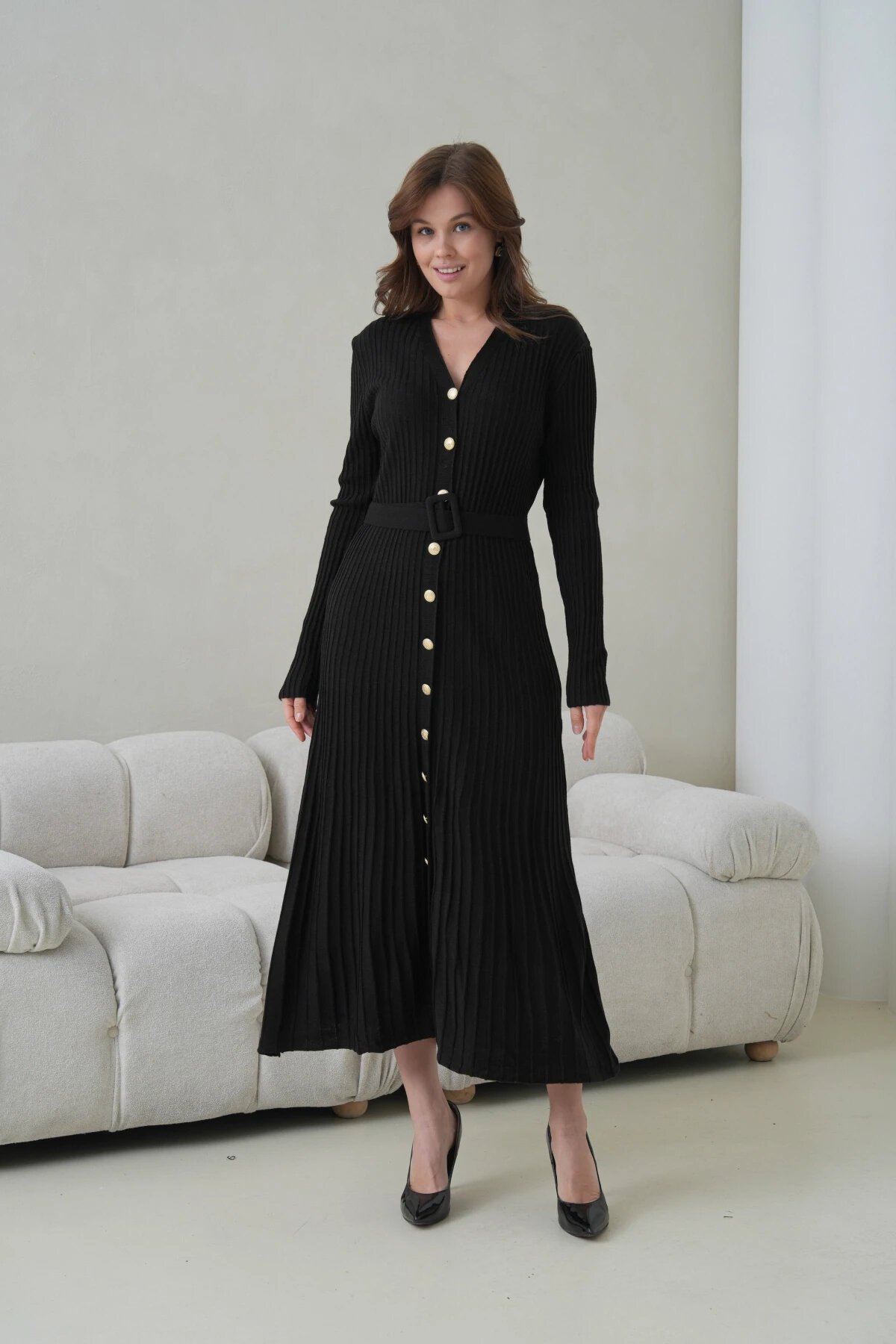 Kadın V Yaka Ful Düğme Kapama Kemer Detay Maksi Boy Fitilli Triko Elbise