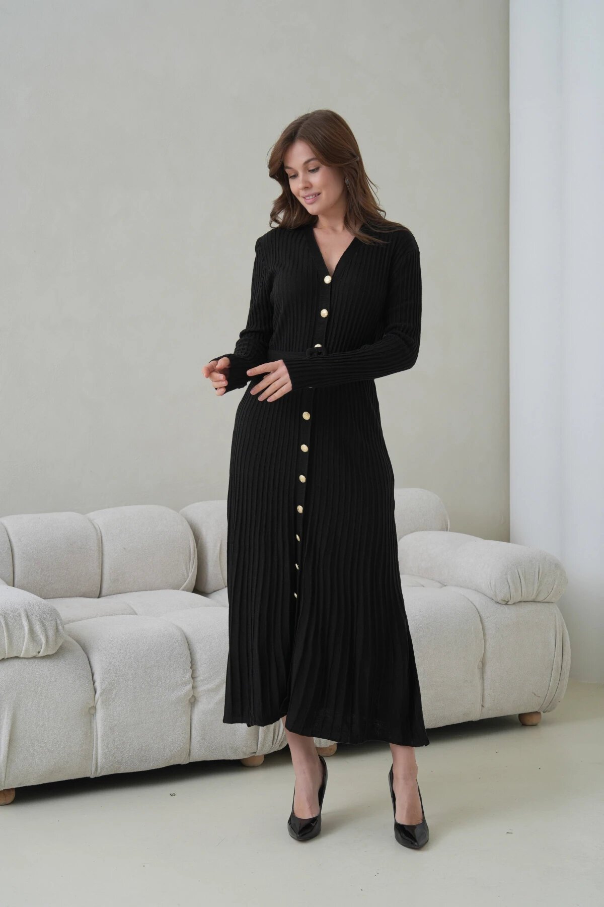 Kadın V Yaka Ful Düğme Kapama Kemer Detay Maksi Boy Fitilli Triko Elbise