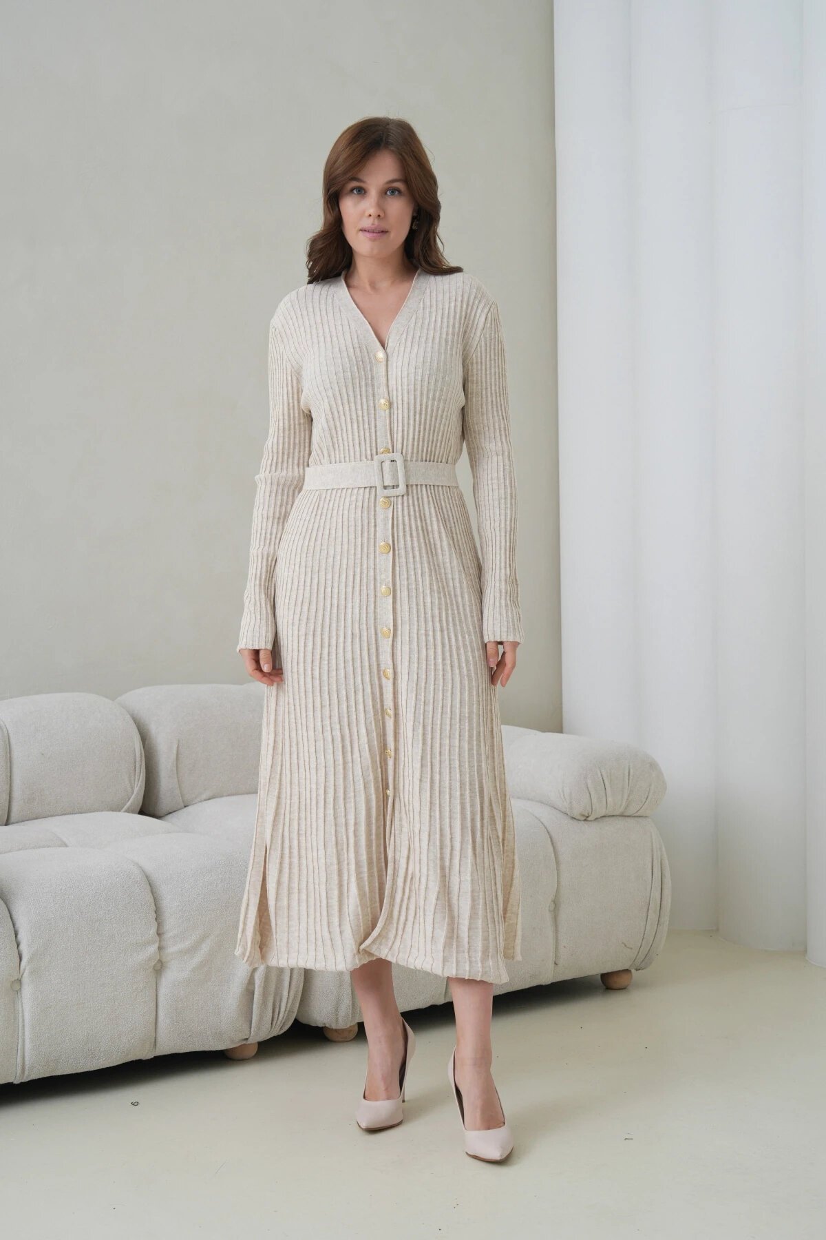 Kadın V Yaka Ful Düğme Kapama Kemer Detay Maksi Boy Fitilli Triko Elbise