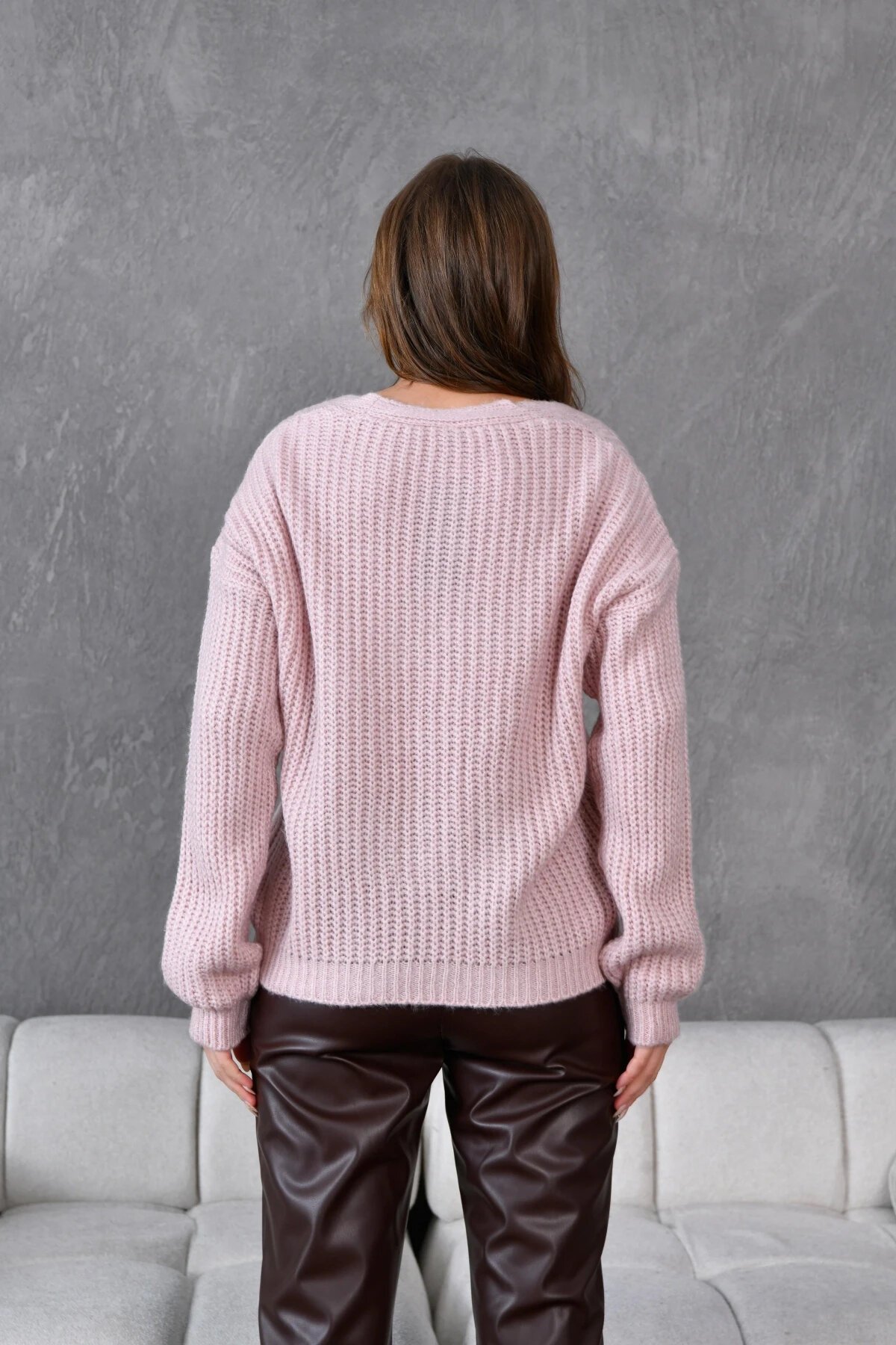 Kadın V Yaka Örgü Detay Fiyonklu Triko Ceket