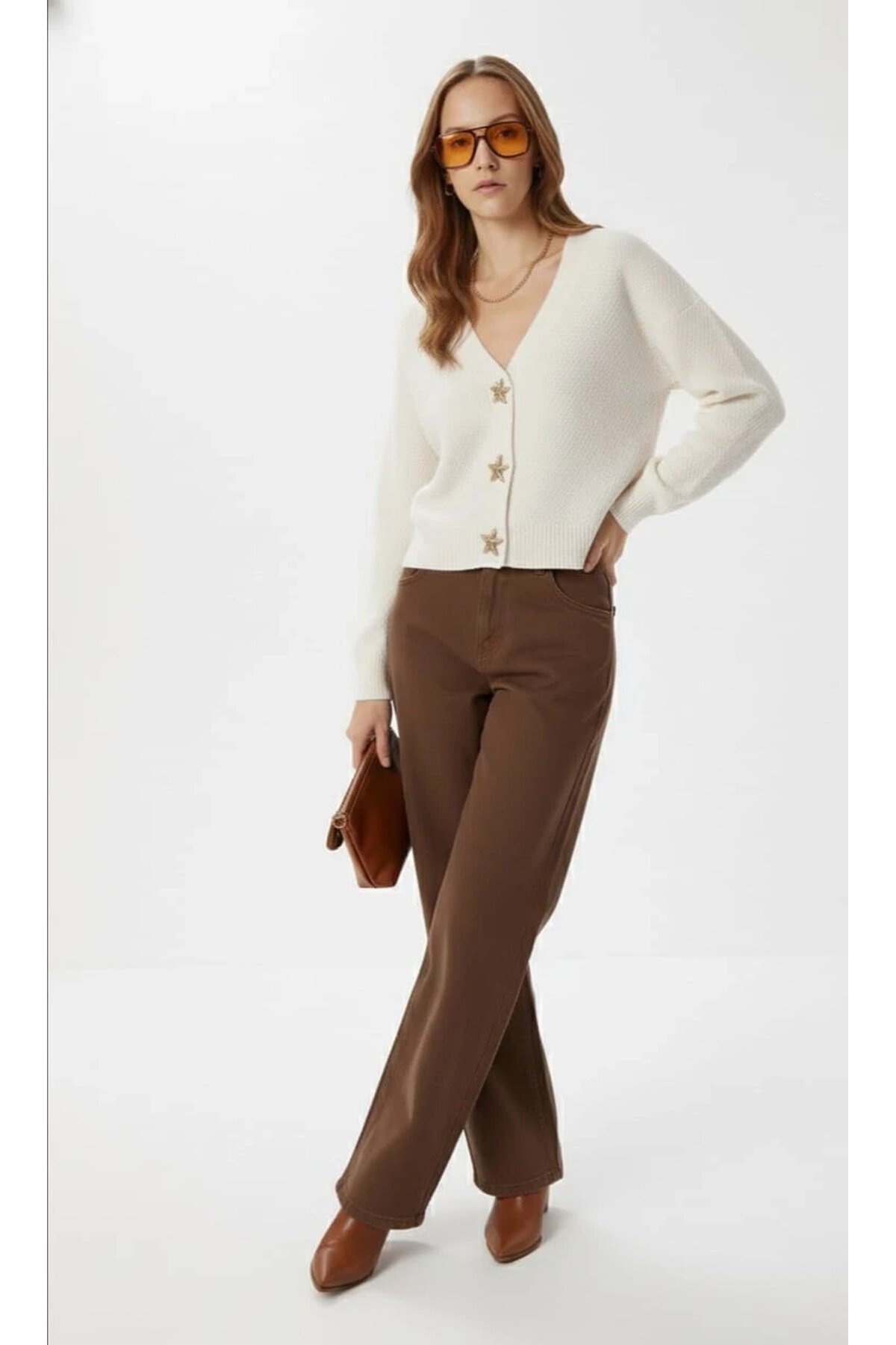 Kadın Yıldız Düğme Detaylı Triko Hırka