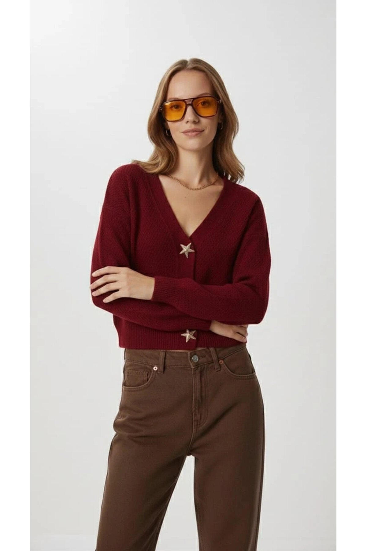 Kadın Yıldız Düğme Detaylı Triko Hırka