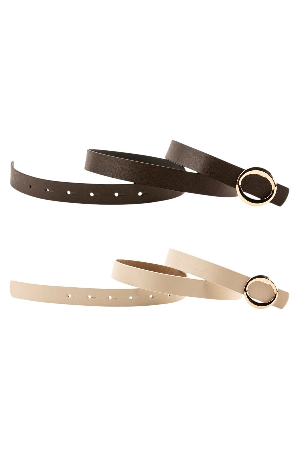 Kalın Halka Tokalı İkili Set Kahverengi_Bej Kadın Kemeri