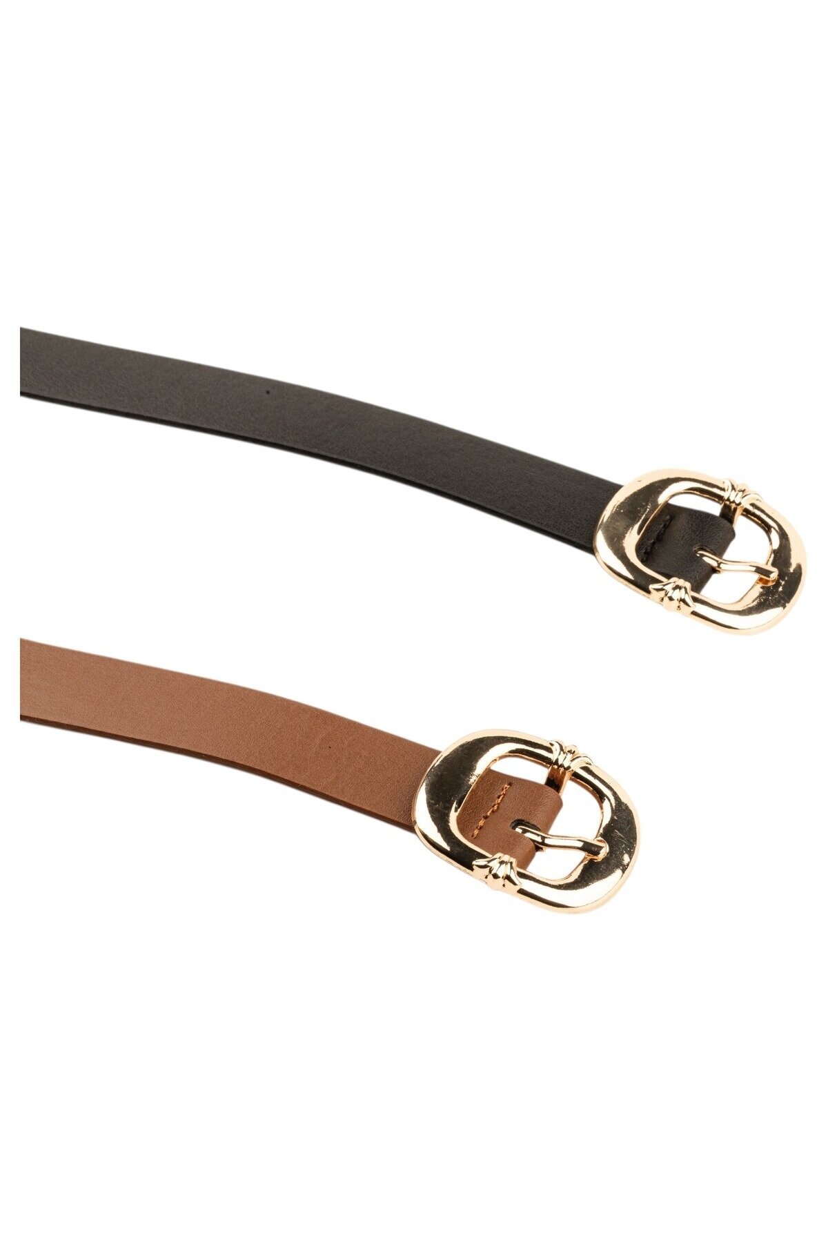 Kalın Kare Tokalı İkili Set Siyah_Taba Kadın Kemeri