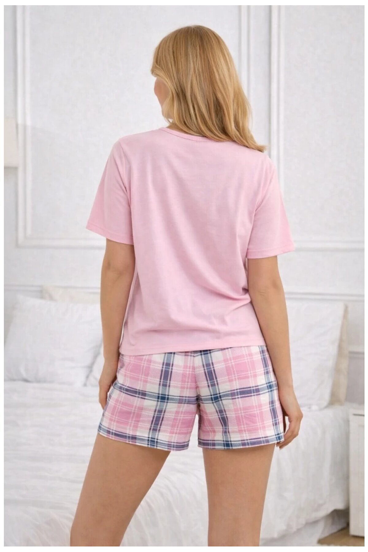 Kalp Baskılı Ekose Şortlu Kadın Pijama Takımı Pembe