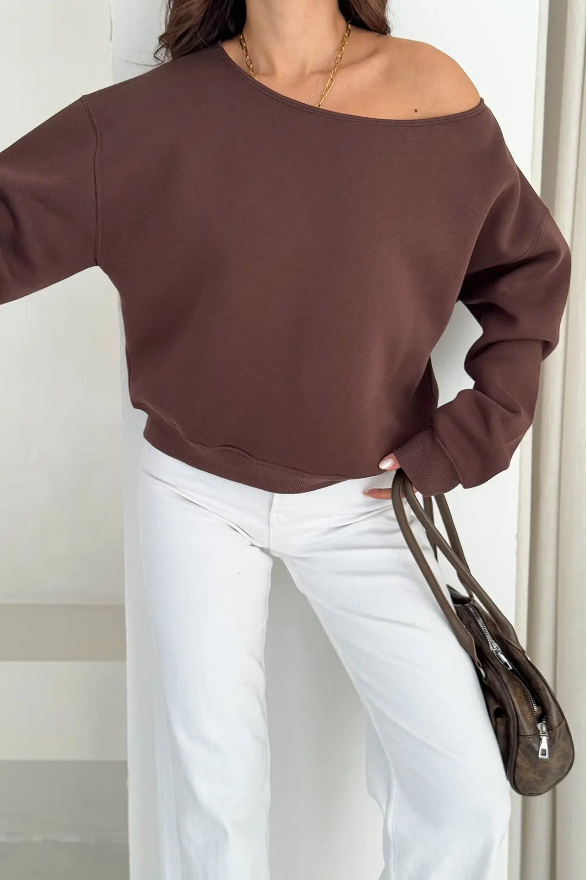 Kayık Yaka Polar Sweatshirt Kahve