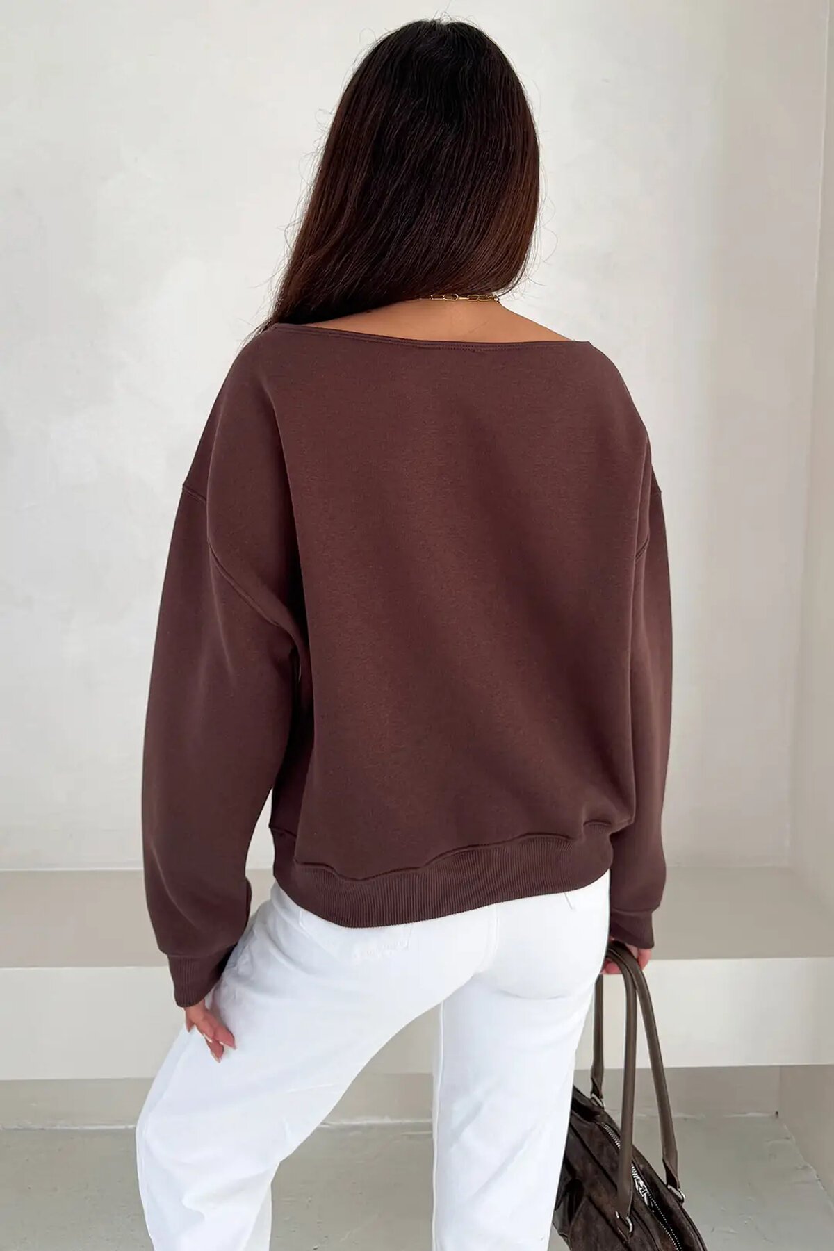 Kayık Yaka Polar Sweatshirt Kahve