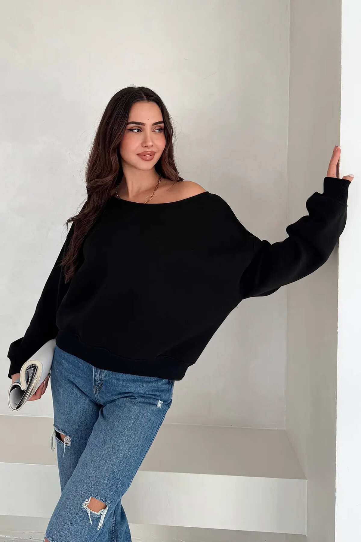 Kayık Yaka Polar Sweatshirt Siyah