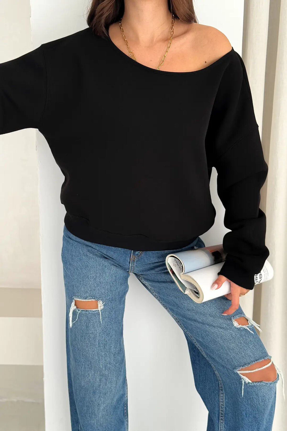 Kayık Yaka Polar Sweatshirt Siyah