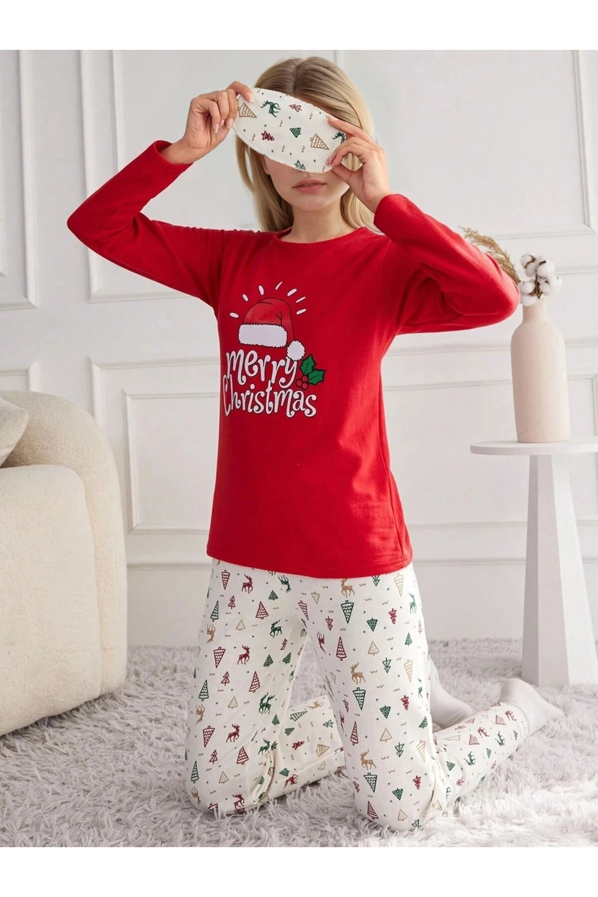 Kırmızı Merry Christmas Yeni Yıl Kadın Pijama Takımı