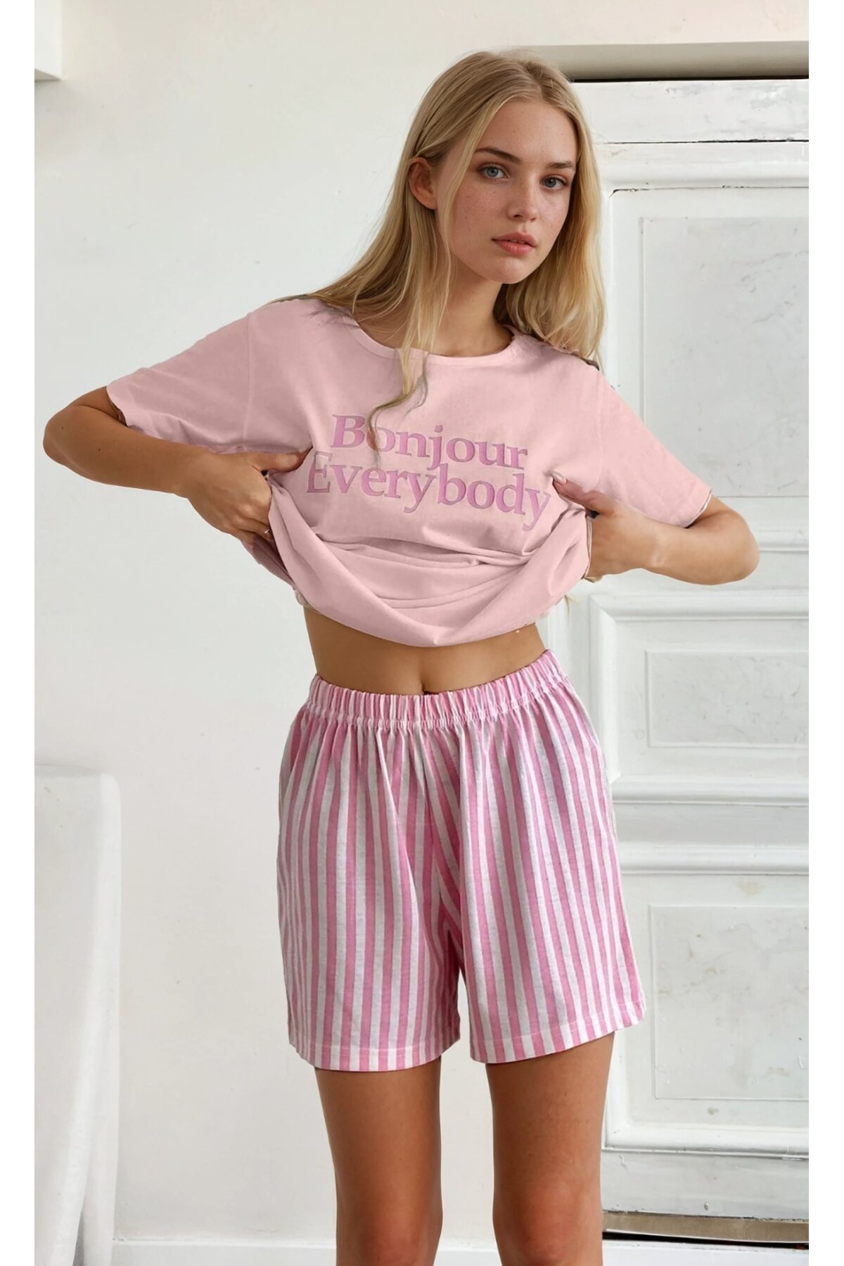 Kısa Kollu Şortlu Pijama Takımı Pembe