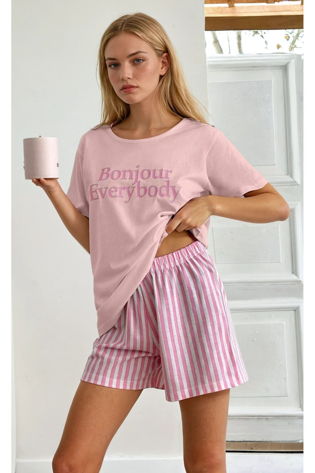 Kısa Kollu Şortlu Pijama Takımı Pembe