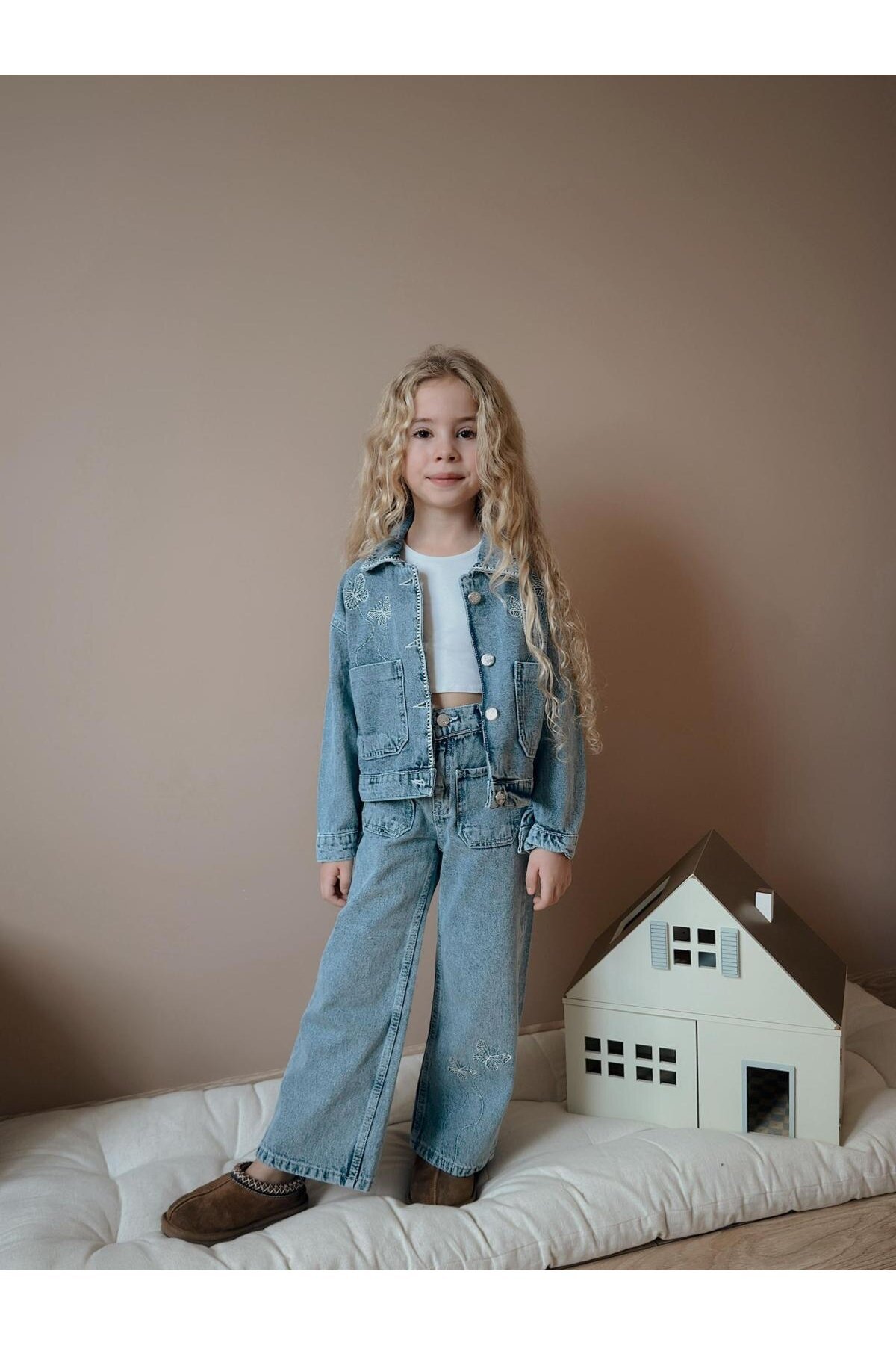 Kız Çocuk Kelebek Baskılı Cepli Kot İkili Takım Ceket Pantolon