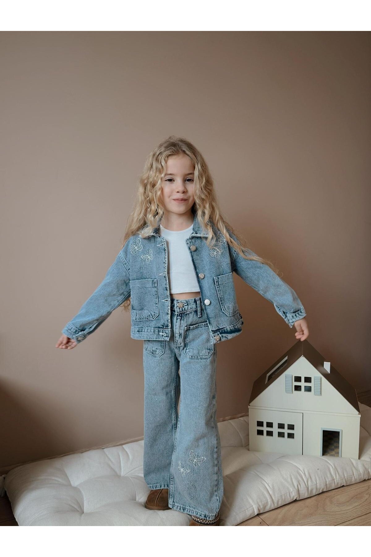 Kız Çocuk Kelebek Baskılı Cepli Kot İkili Takım Ceket Pantolon