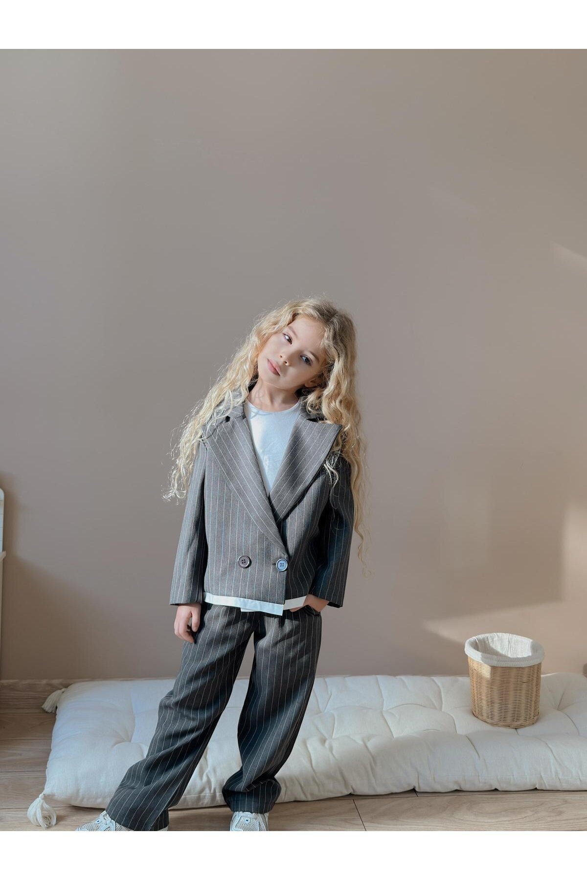 Kız Çocuk Çizgili Pantolon Ceket Antrasit Alt Üst Takım