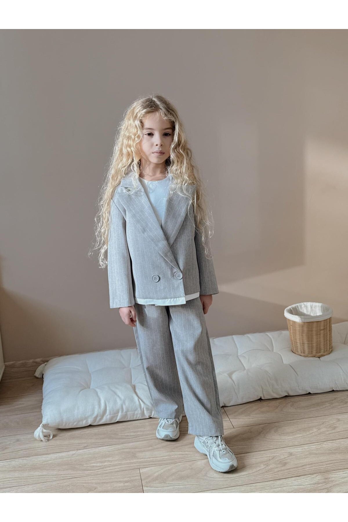 Kız Çocuk Çizgili Pantolon Ceket Gri Alt Üst Takım