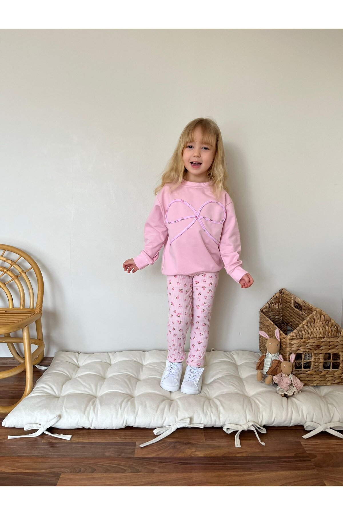Kız Çocuk Fiyonk Detay İki İplik Desenli Alt Takım
