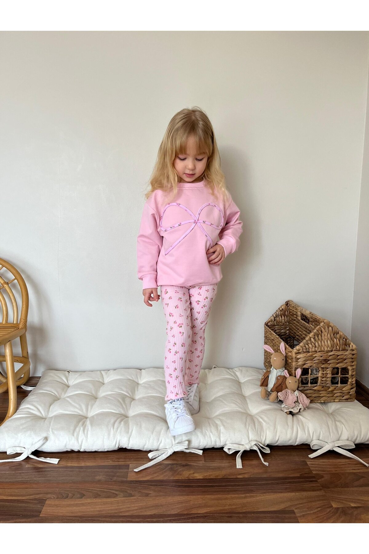 Kız Çocuk Fiyonk Detay İki İplik Desenli Alt Takım