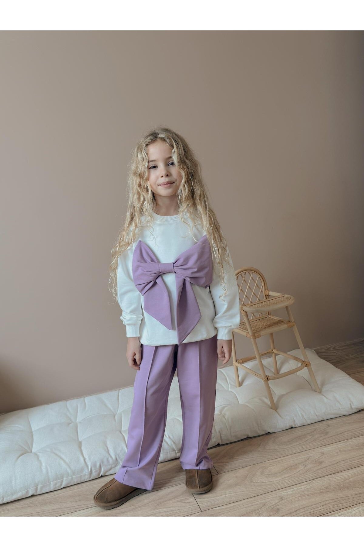 Kız Çocuk Fiyonk Detay Pamuklu Alt Üst Takım Mor