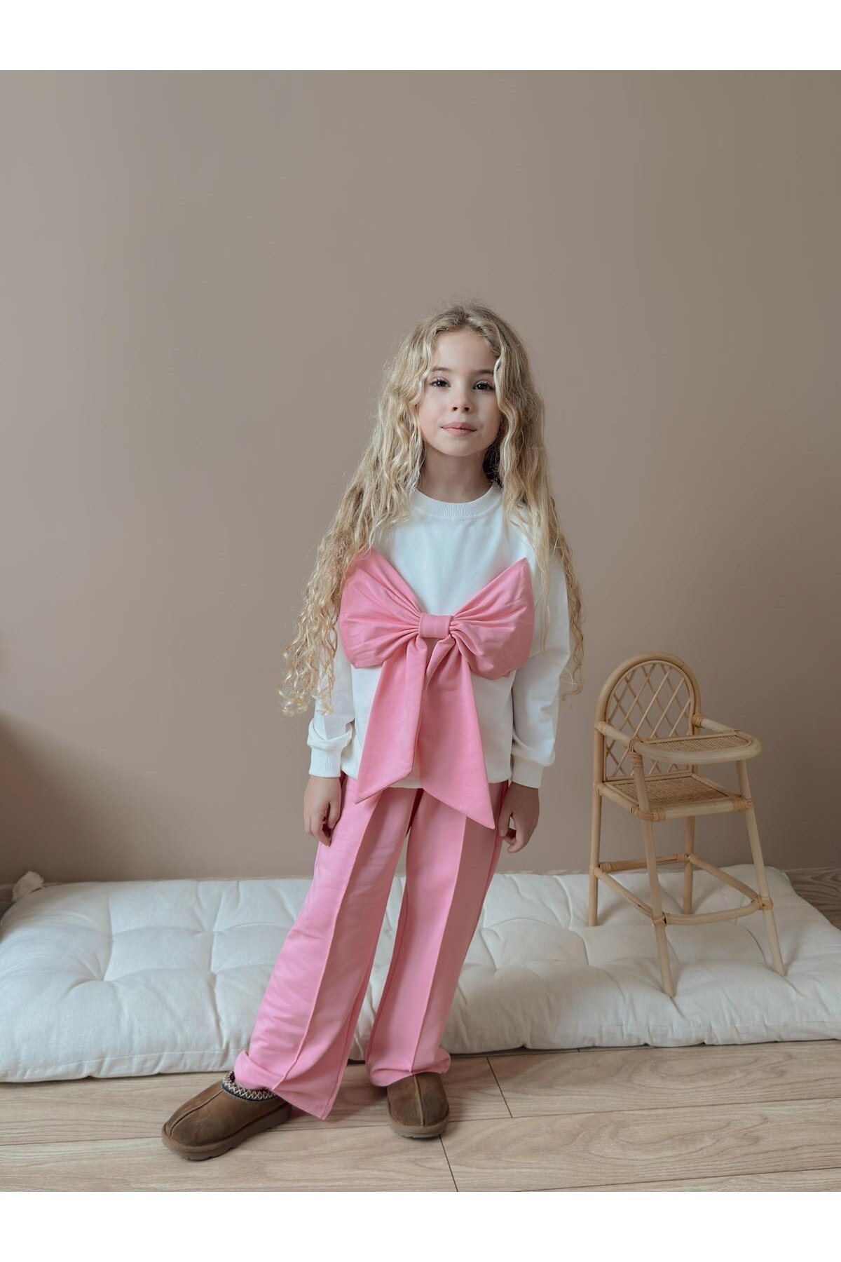 Kız Çocuk Fiyonk Detay Pamuklu Alt Üst Takım Pudra