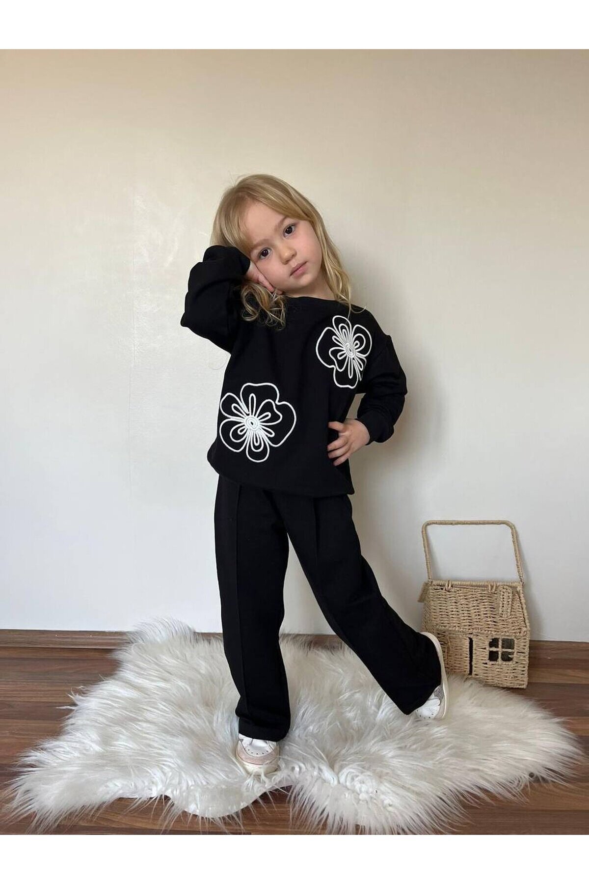 Kız Çocuk İki İplik Likralı Alt Üst Takım Siyah