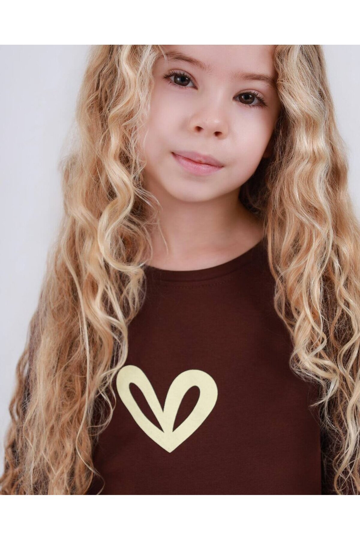 Kız Çocuk Kalp Baskılı Şort T-Shirt Alt Üst Takım Kahve