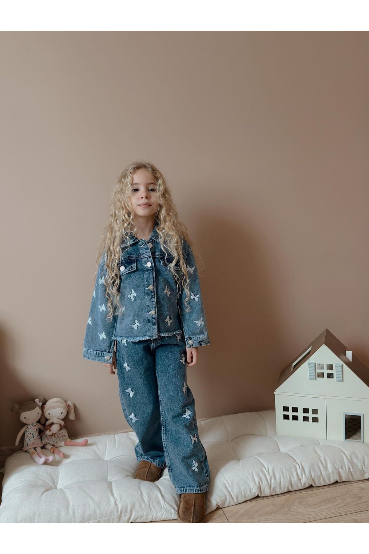 Kız Çocuk Kelebek Baskılı Lacivert Kot İkili Takım Ceket Pantolon
