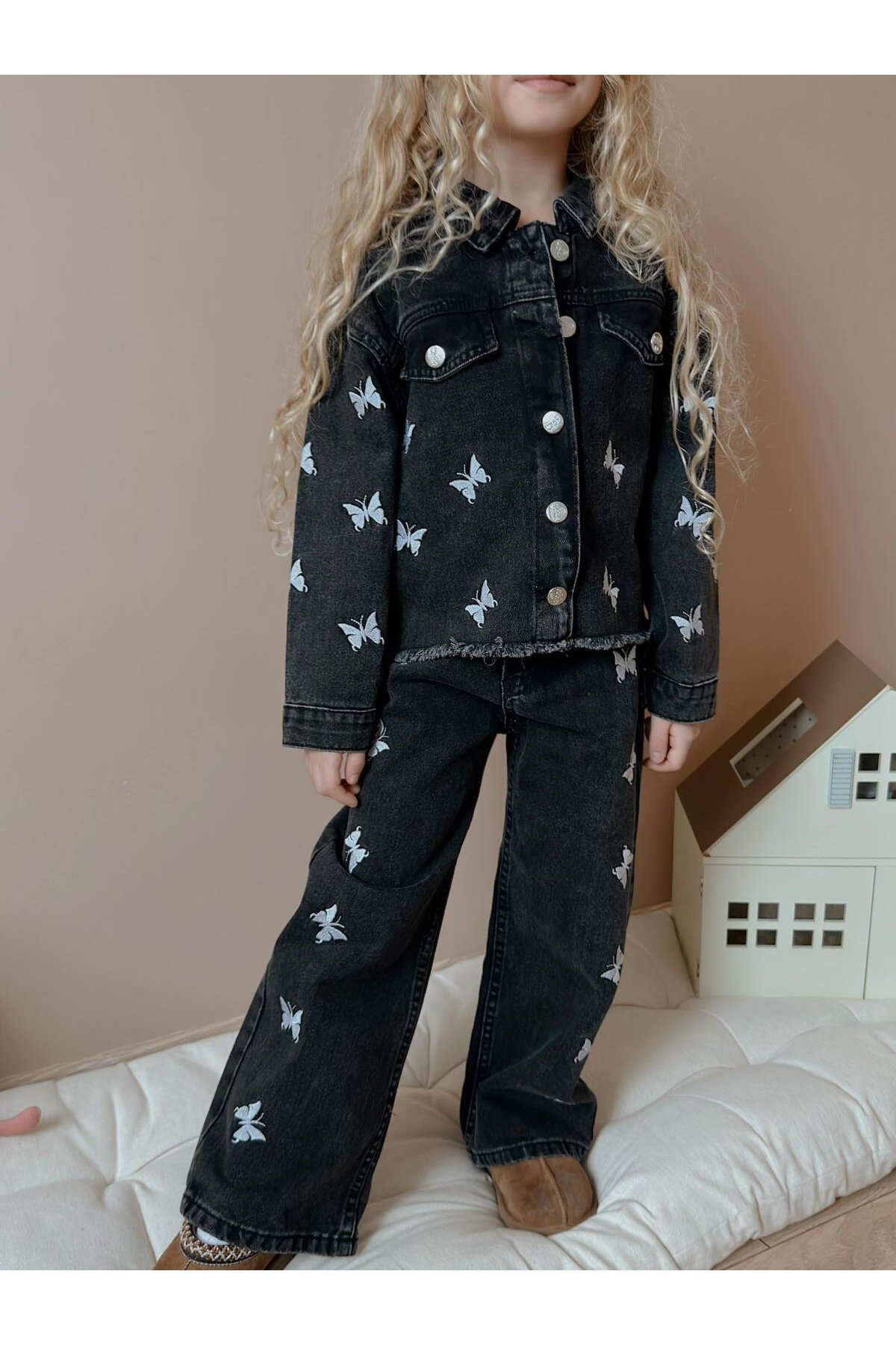 Kız Çocuk Kelebek Baskılı Siyah Kot İkili Takım Ceket Pantolon