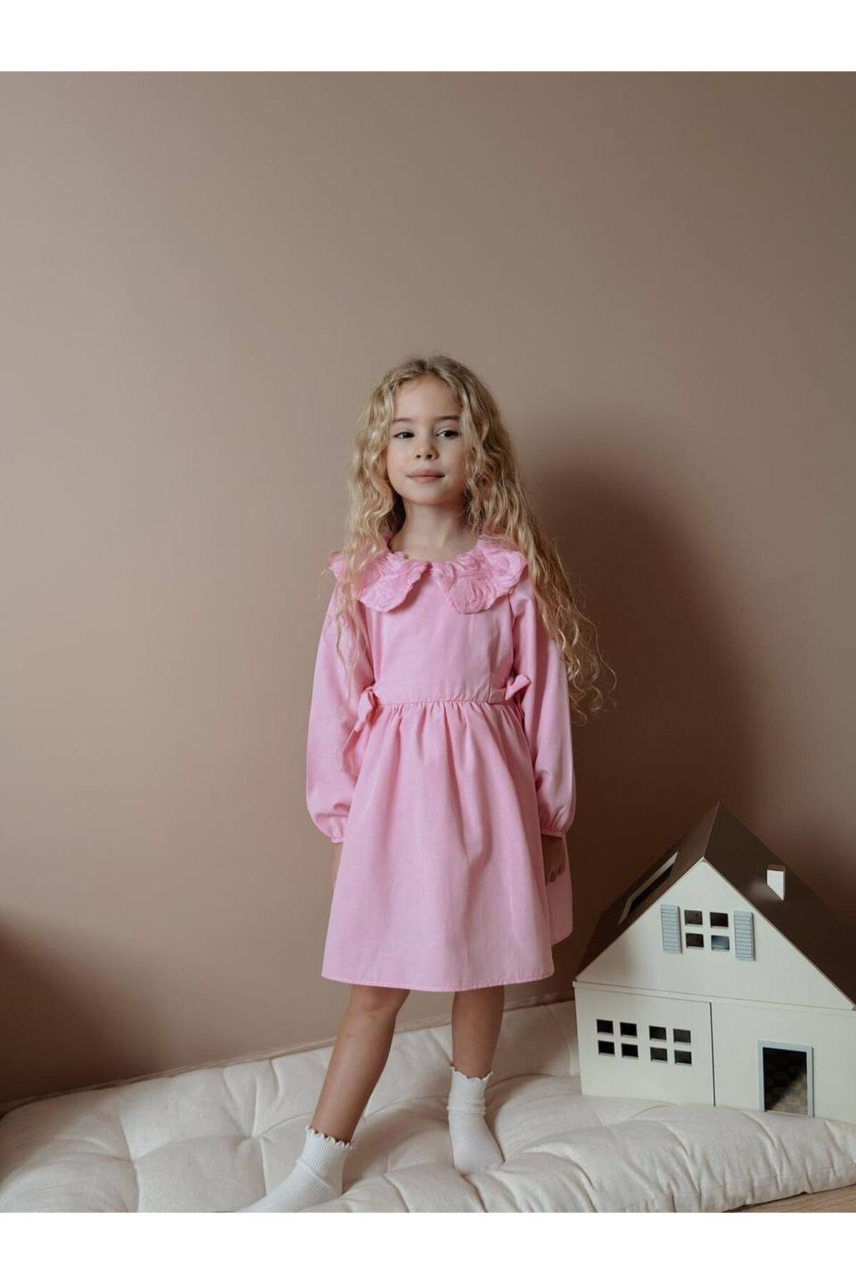 Kız Çocuk Keten Astarlı Yaka Detay Elbise