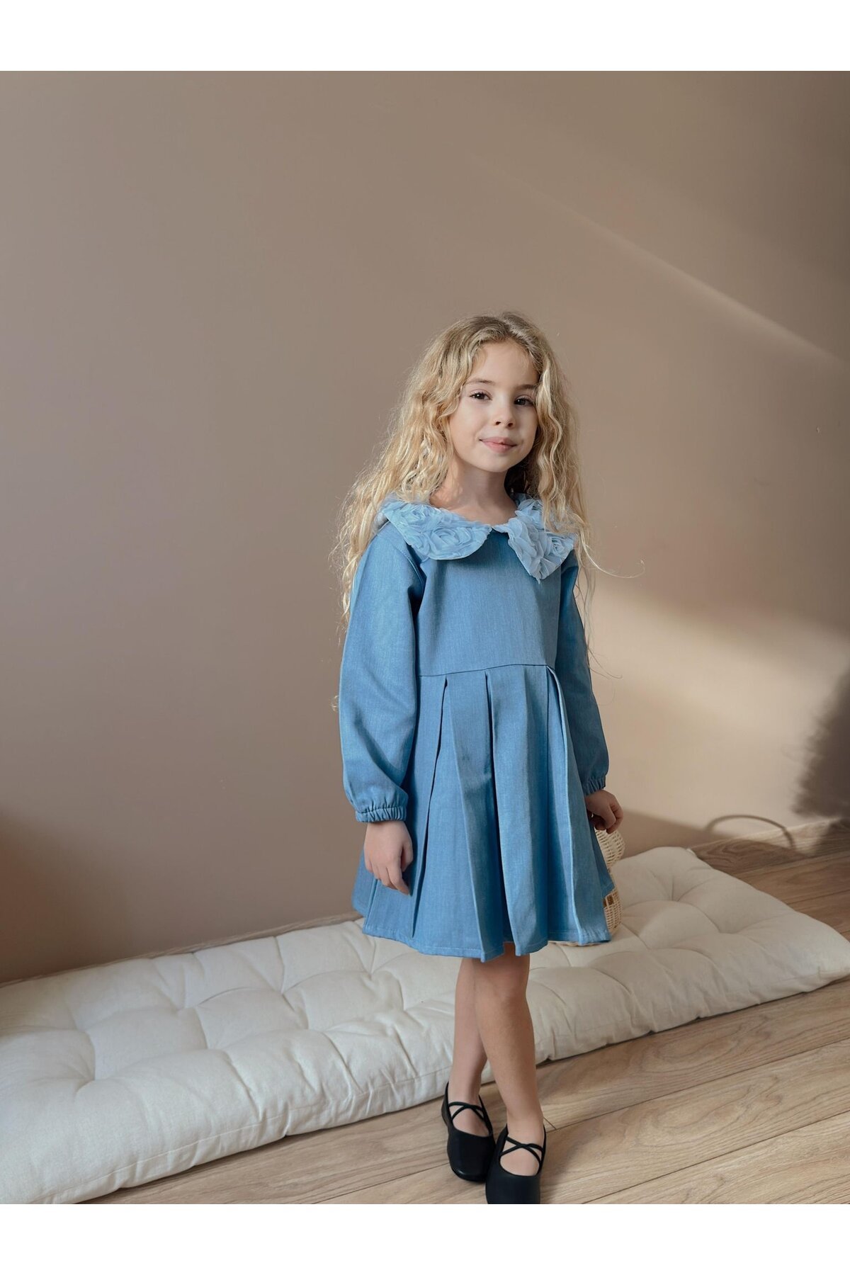 Kız Çocuk Kot Kumaş Yaka Detay Elbise