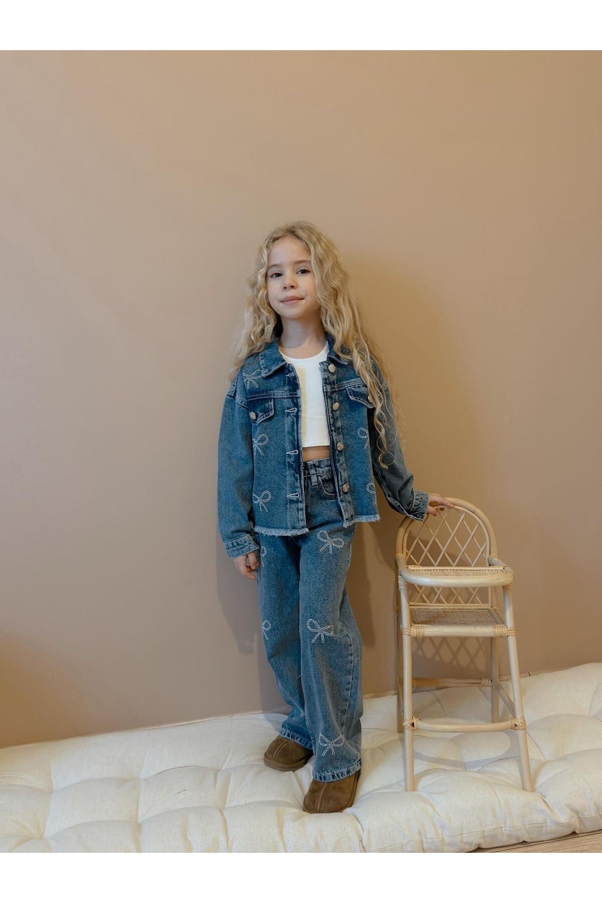 Kız Çocuk Kurdela Baskılı Kot İkili Takım Ceket Pantolon