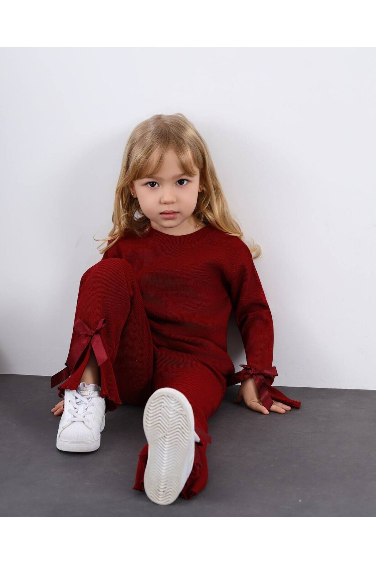 Kız Çocuk Paça Fiyonk Detaylı Kaşkorse Alt Üst Takım Bordo