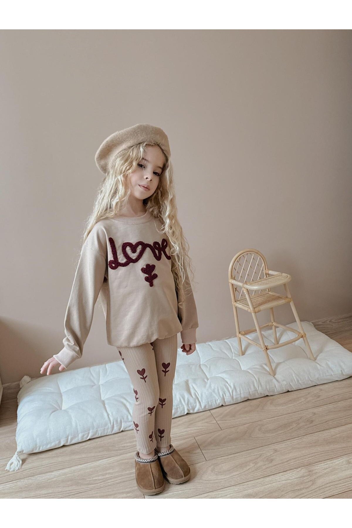 Kız Çocuk Pamuklu Sweatshirt Tayt İkili Takım Bej