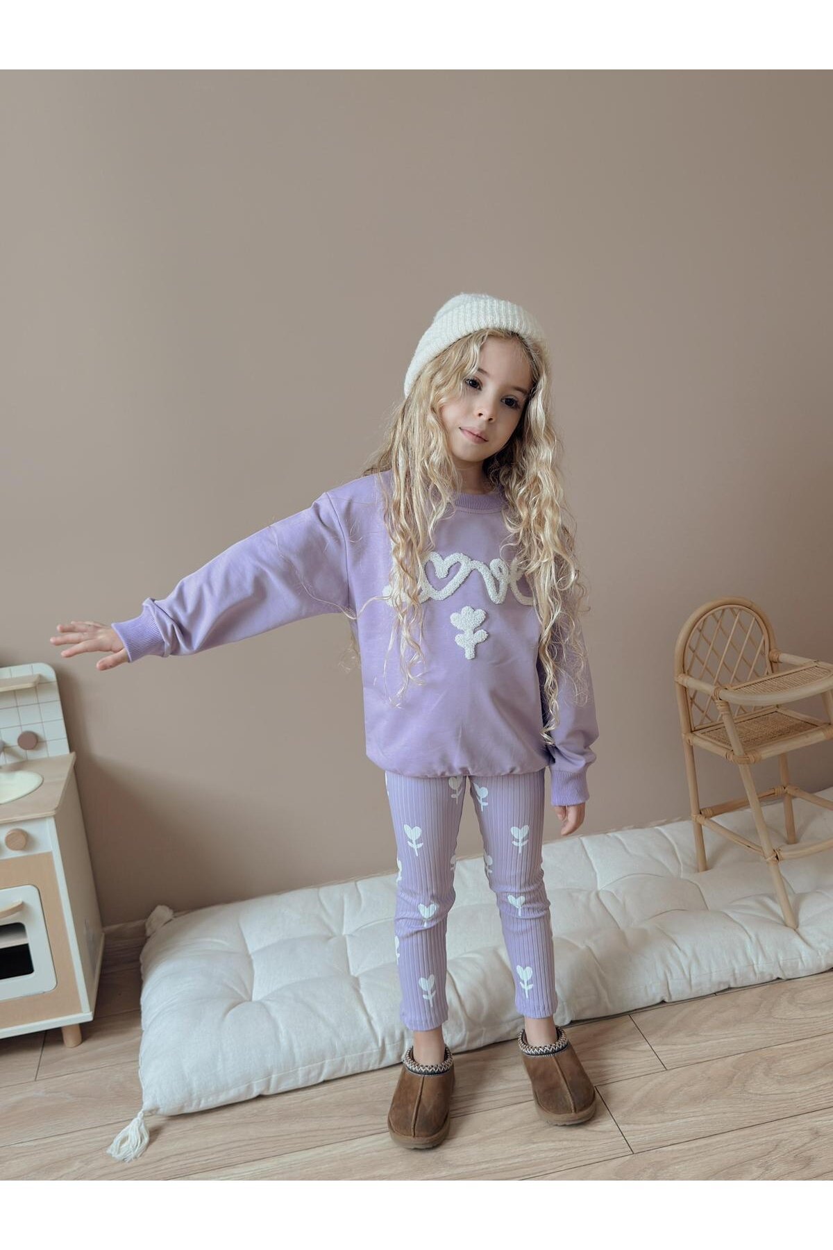 Kız Çocuk Pamuklu Sweatshirt Tayt İkili Takım Lila