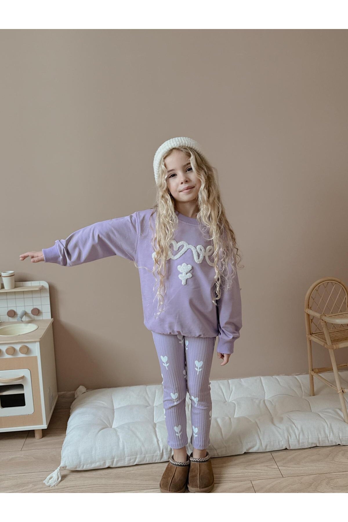 Kız Çocuk Pamuklu Sweatshirt Tayt İkili Takım Lila