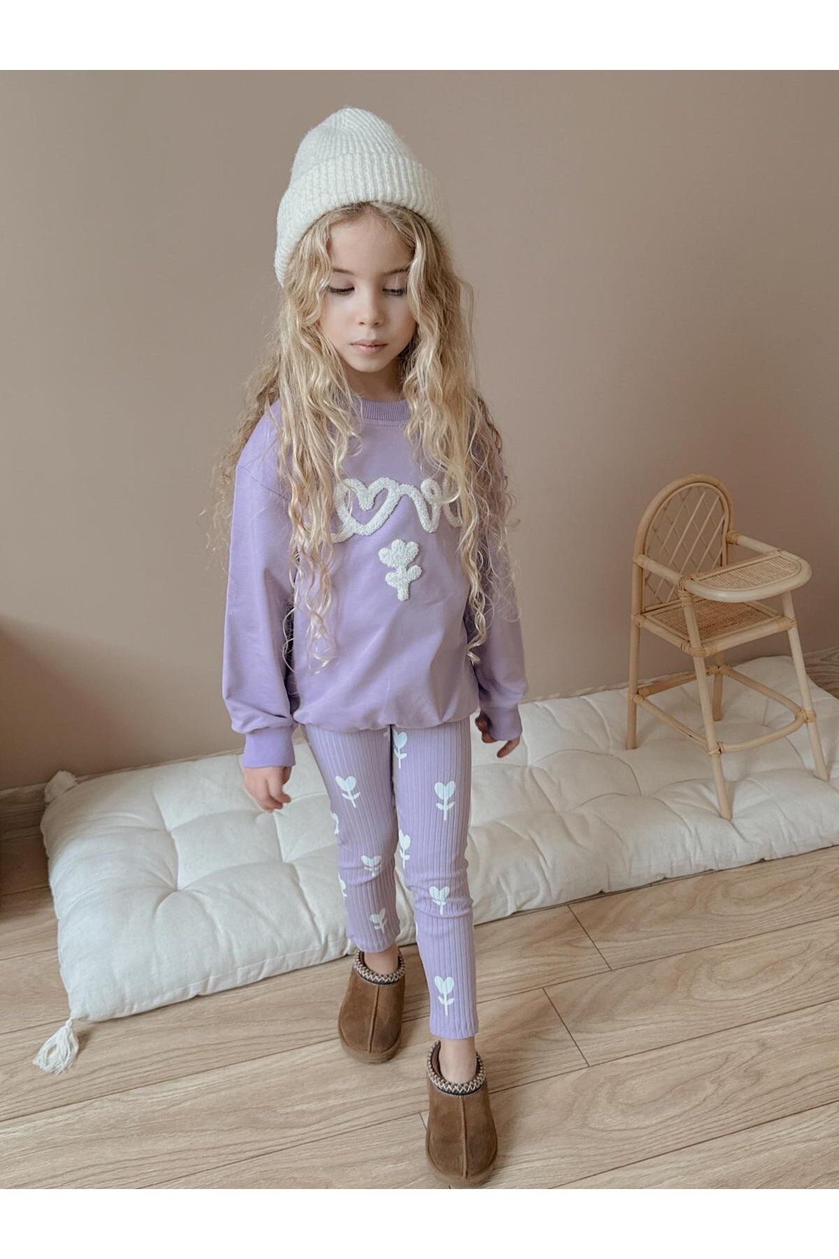 Kız Çocuk Pamuklu Sweatshirt Tayt İkili Takım Lila