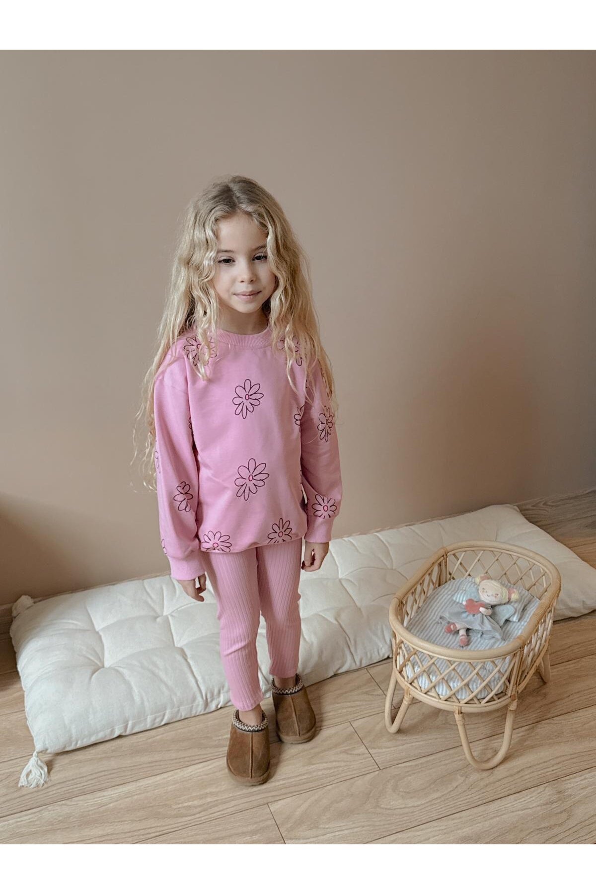 Kız Çocuk Pamuklu Sweatshirt Tayt İkili Takım Pembe