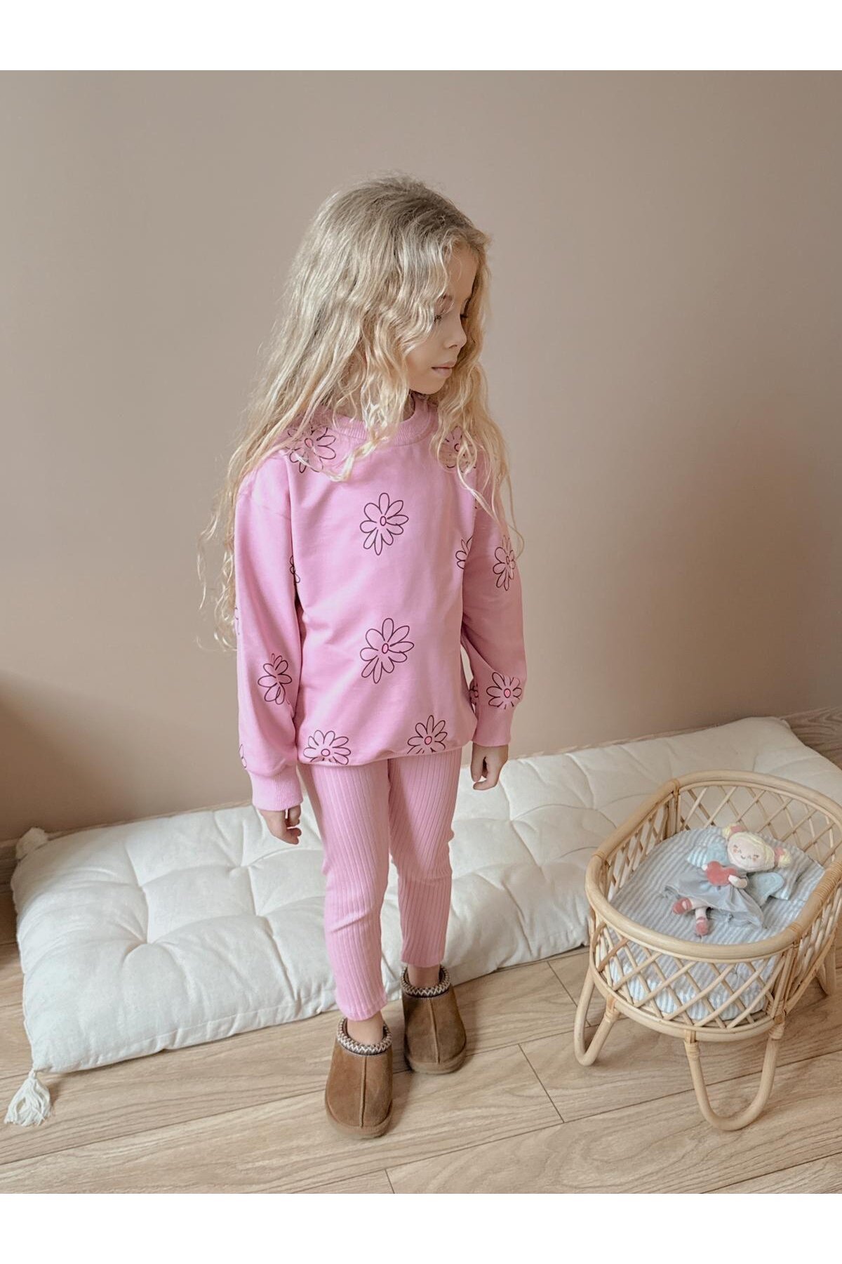 Kız Çocuk Pamuklu Sweatshirt Tayt İkili Takım Pembe