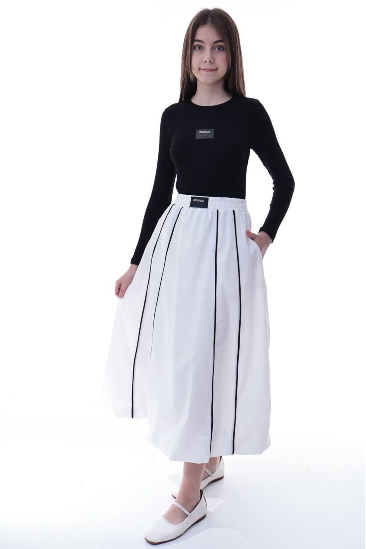 Kız Çocuk Şeritli Balon Etek Beyaz