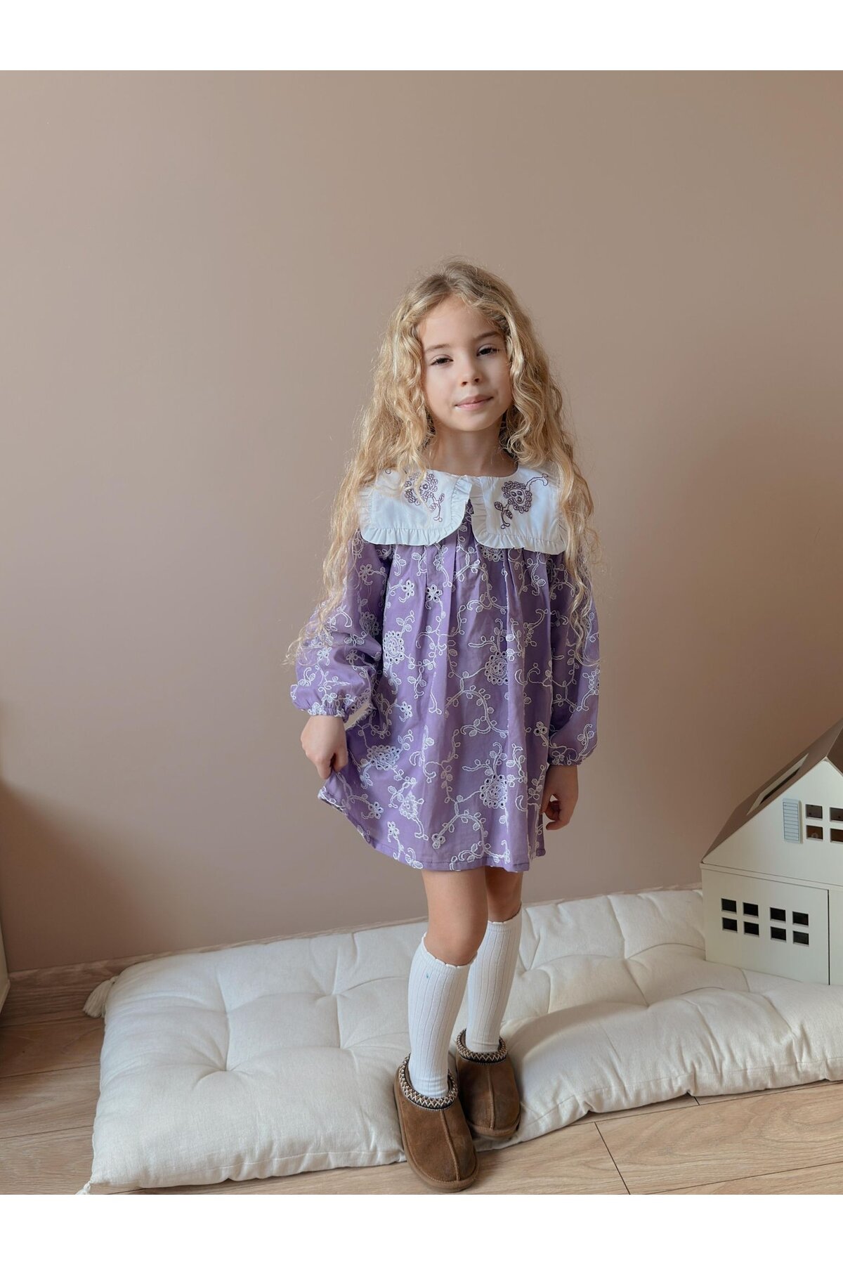Kız Çocuk Yaka Nakışlı Astarlı Keten Elbise