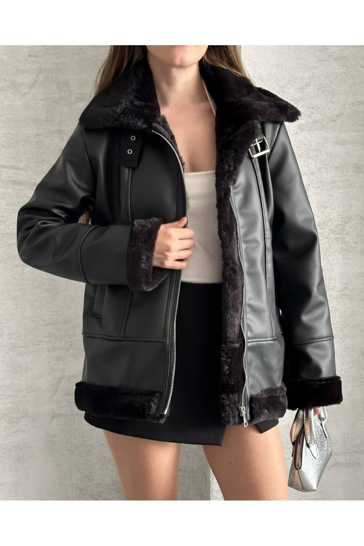 Kürk Detaylı Biker Deri Mont